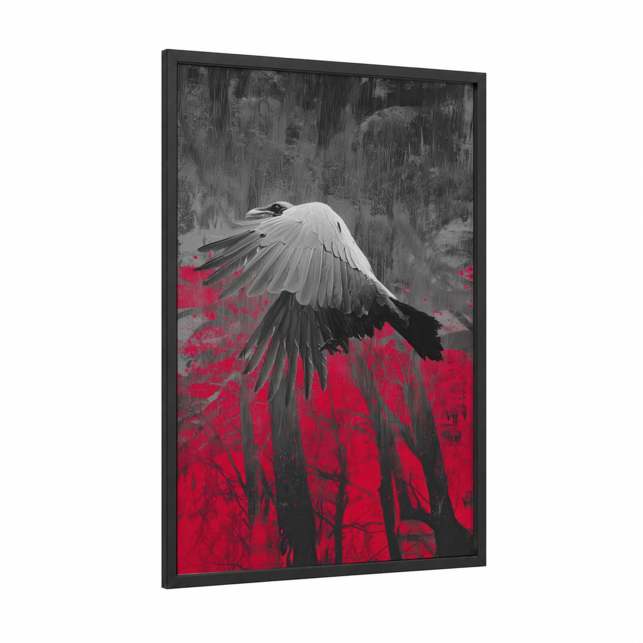 Crimson Flight framed crows and ravens print — black wood frame — black and white and red palette