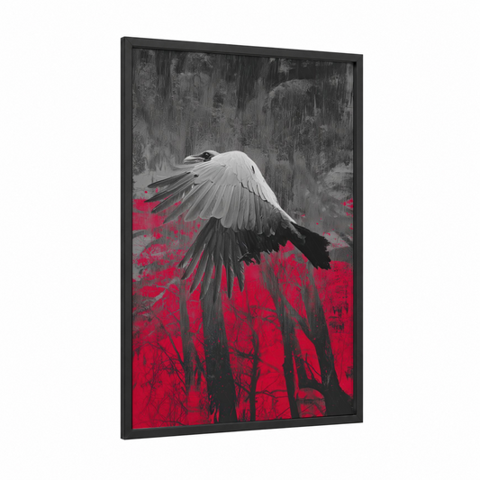 Crimson Flight framed crows and ravens print — black wood frame — black and white and red palette