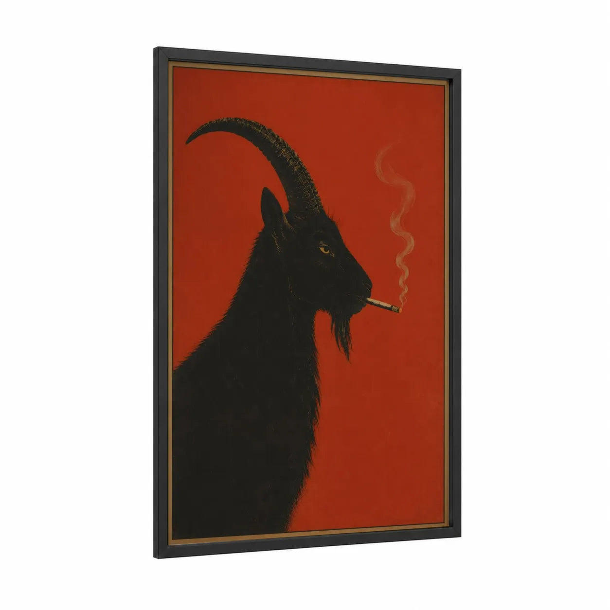 Black Goat Smoking Portrait Wall Art framed art print — black wood frame — red and black palette