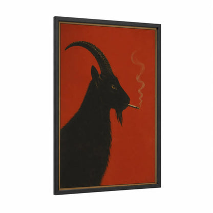 Black Goat Smoking Portrait Wall Art framed art print — black wood frame — red and black palette