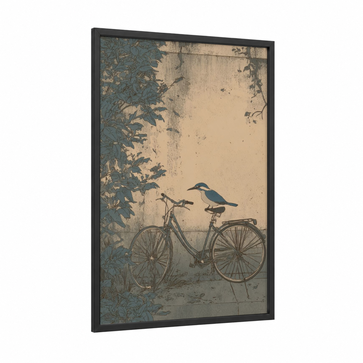 Vintage Bicycle Rest framed urban bicycle print — black wood frame — blue and cream palette