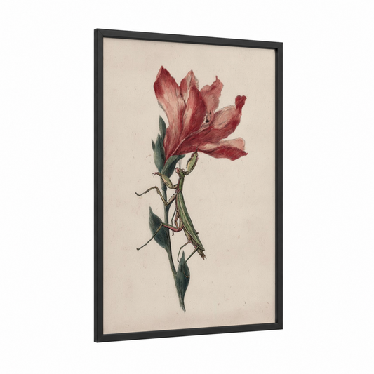 Crimson Mantis framed prayin mantis print — black wood frame — maroon and cream palette