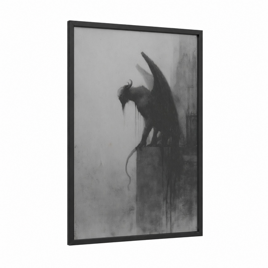 Gargoyle Chimera framed art print — black wood frame — black and white and gray palette