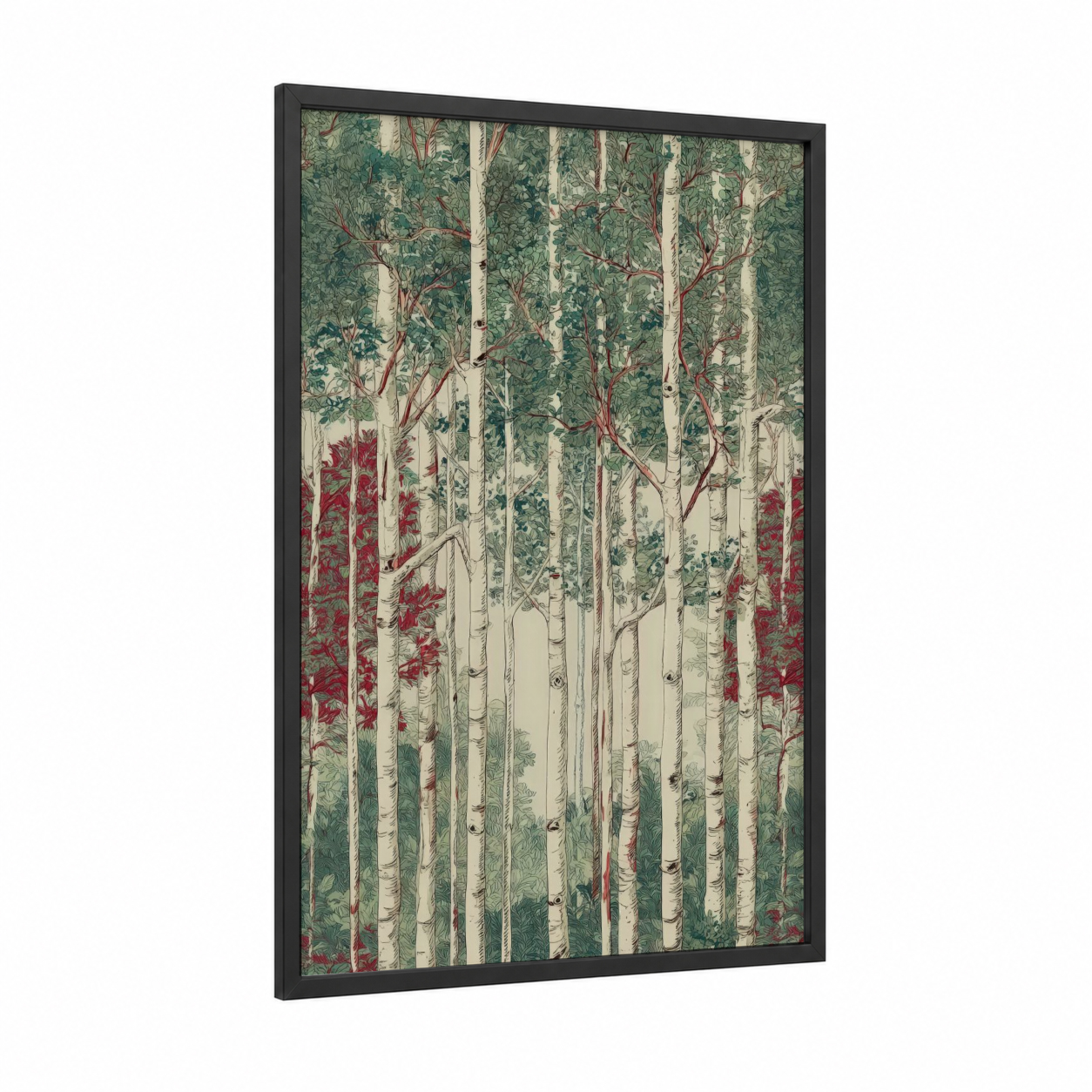 Crimson Birch Forest framed art print — black wood frame — cream and dark green palette