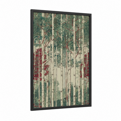 Crimson Birch Forest framed art print — black wood frame — cream and dark green palette