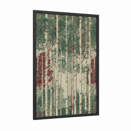 Crimson Birch Forest framed art print — black wood frame — cream and dark green palette