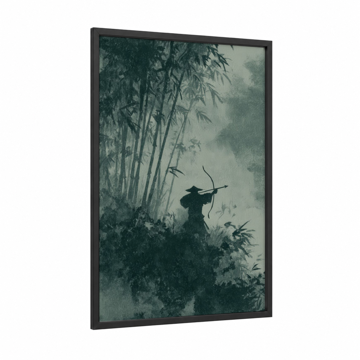Misty Archer framed hunting print — black wood frame — gray and dark green palette