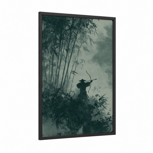 Misty Archer framed hunting print — black wood frame — gray and dark green palette
