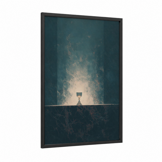Divine Chalice framed christian symbols print — black wood frame — teal and cream palette
