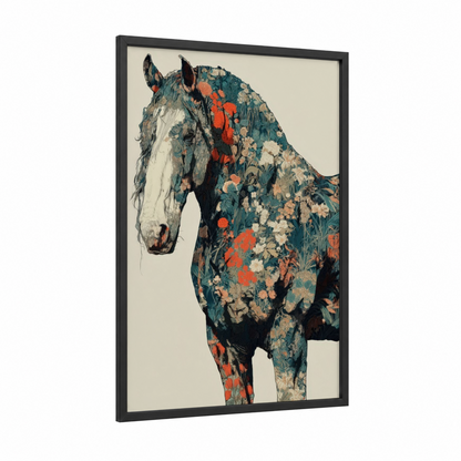 Floral Clydesdale framed clydesdale horse print — black wood frame — teal palette