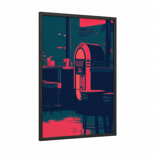 Neon Jukebox framed rock'n roll print — black wood frame — magenta and teal palette