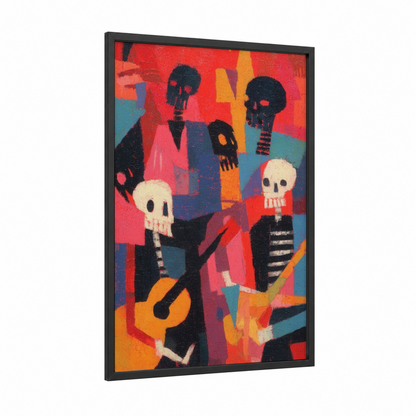 Festive Skeleton Band framed dia de los muertos print — black wood frame — red and orange palette
