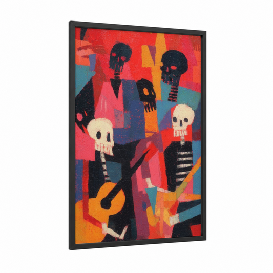Festive Skeleton Band framed dia de los muertos print — black wood frame — red and orange palette