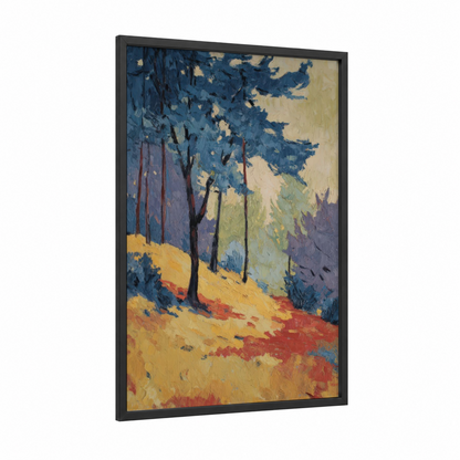 Golden Redwood Forest framed redwood tree print — black wood frame — gold and blue palette