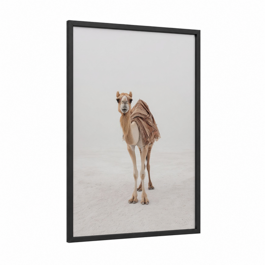 Desert Camel Portrait framed art print — black wood frame — beige and gray and white palette