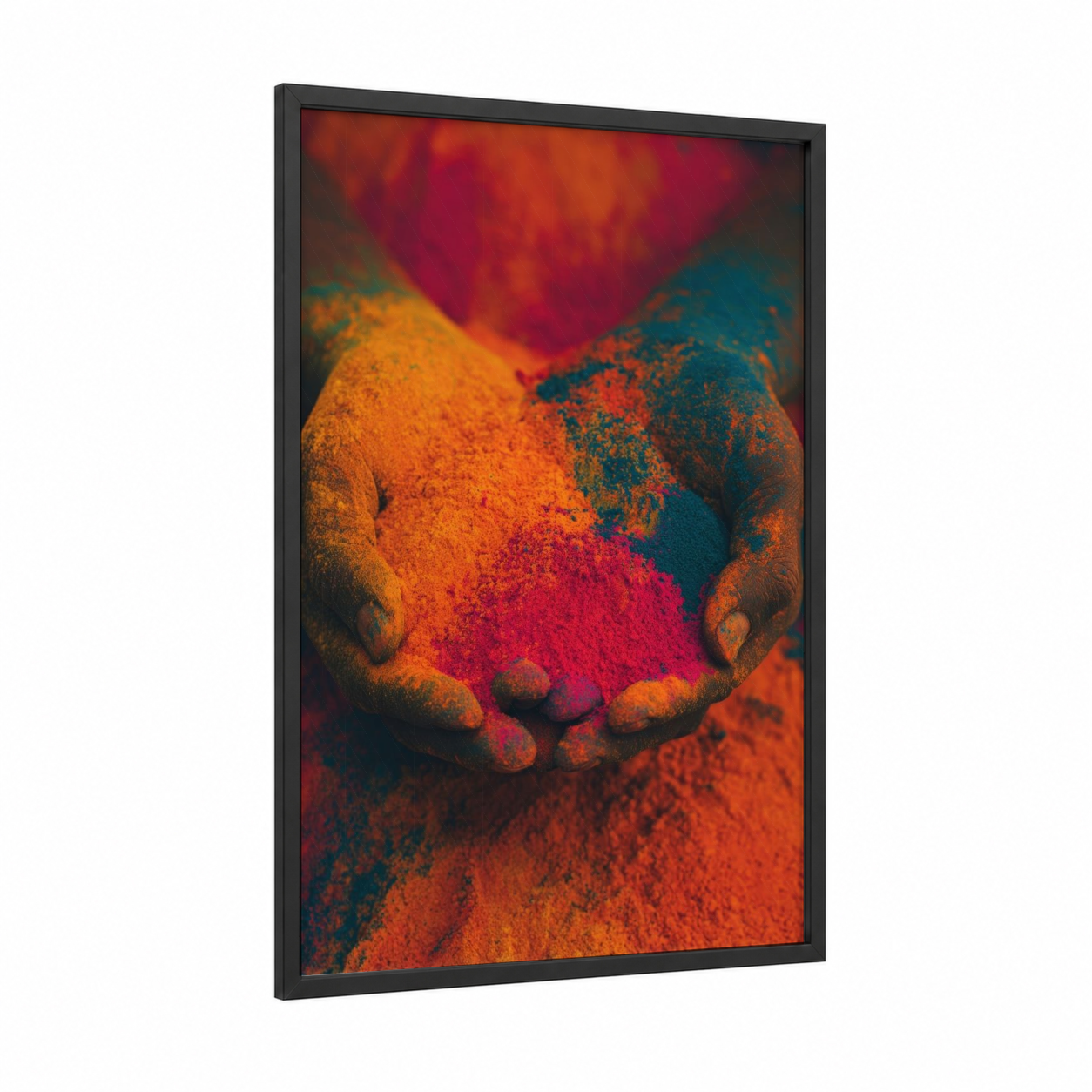 Holi Celebration Hands framed hindu holidays print — black wood frame — red and gold palette