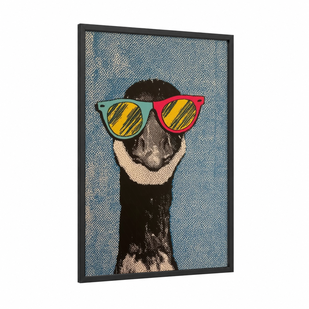 Cool Goose framed geese print — black wood frame — blue and yellow and red palette