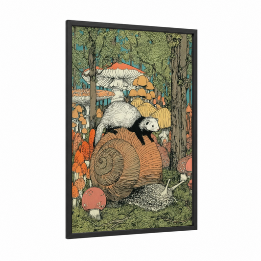 Forest Ferret framed art print — black wood frame — light green and russet palette