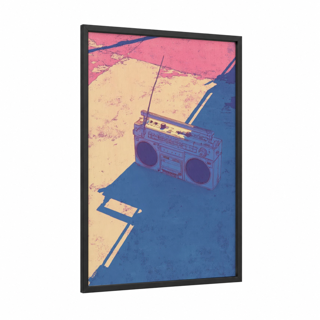 Retro Boombox framed art print — black wood frame — pink and blue palette