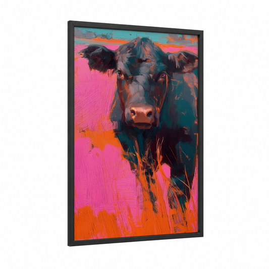 Neon Angus framed angus cow print — black wood frame — magenta and orange palette