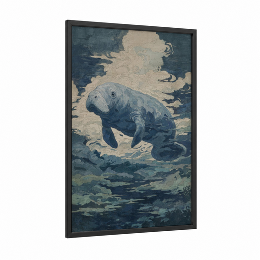 Manatee Dream framed manatees print — black wood frame — blue and cream palette