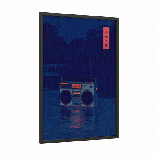 Neon Rain Boombox framed art print — black wood frame — dark blue and orange palette