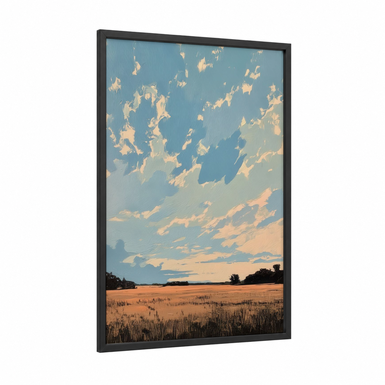 Golden Hour Fields framed various landscapes print — black wood frame — blue and gold and cream palette