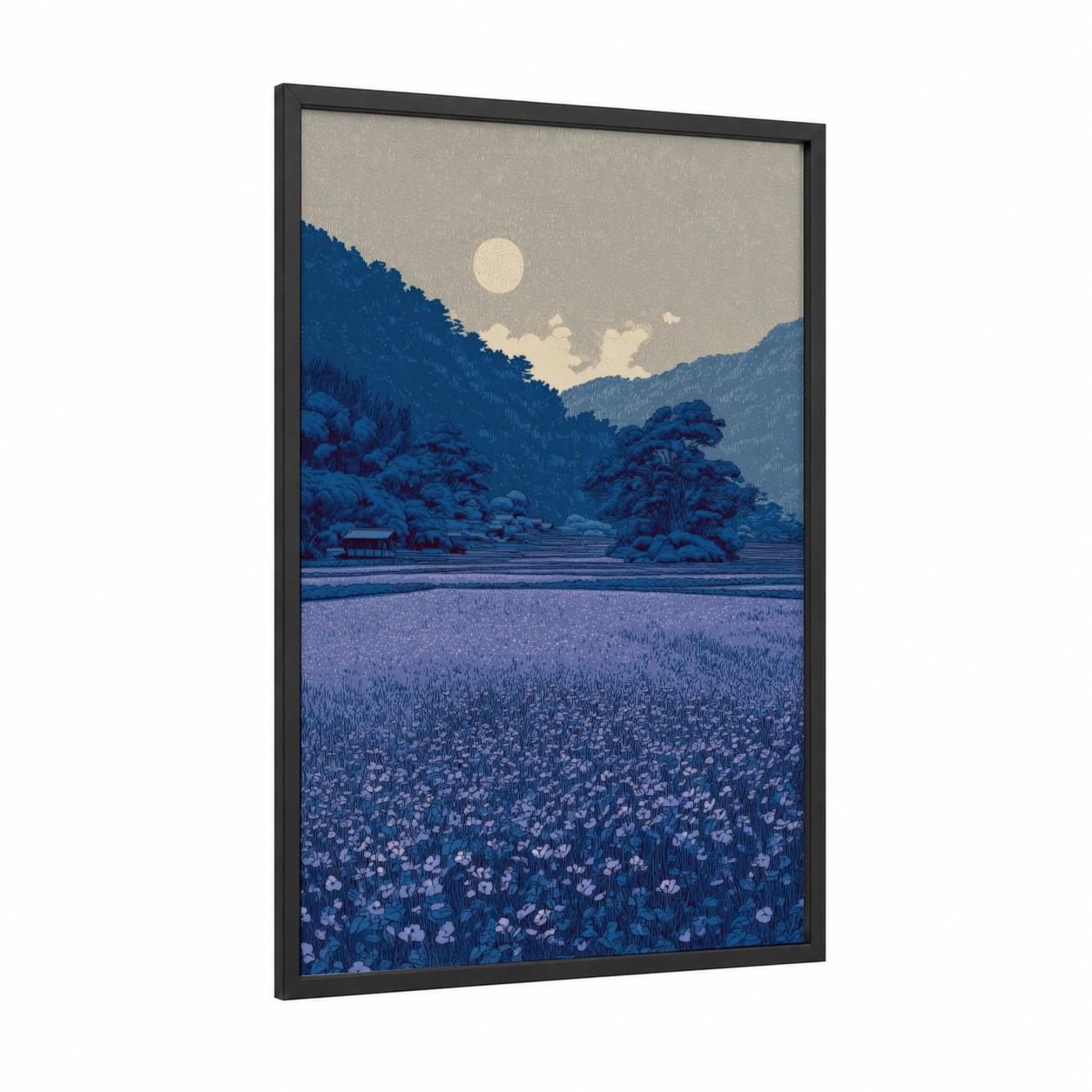 Moonlit Violet Field framed violets print — black wood frame — royal blue and lavender palette