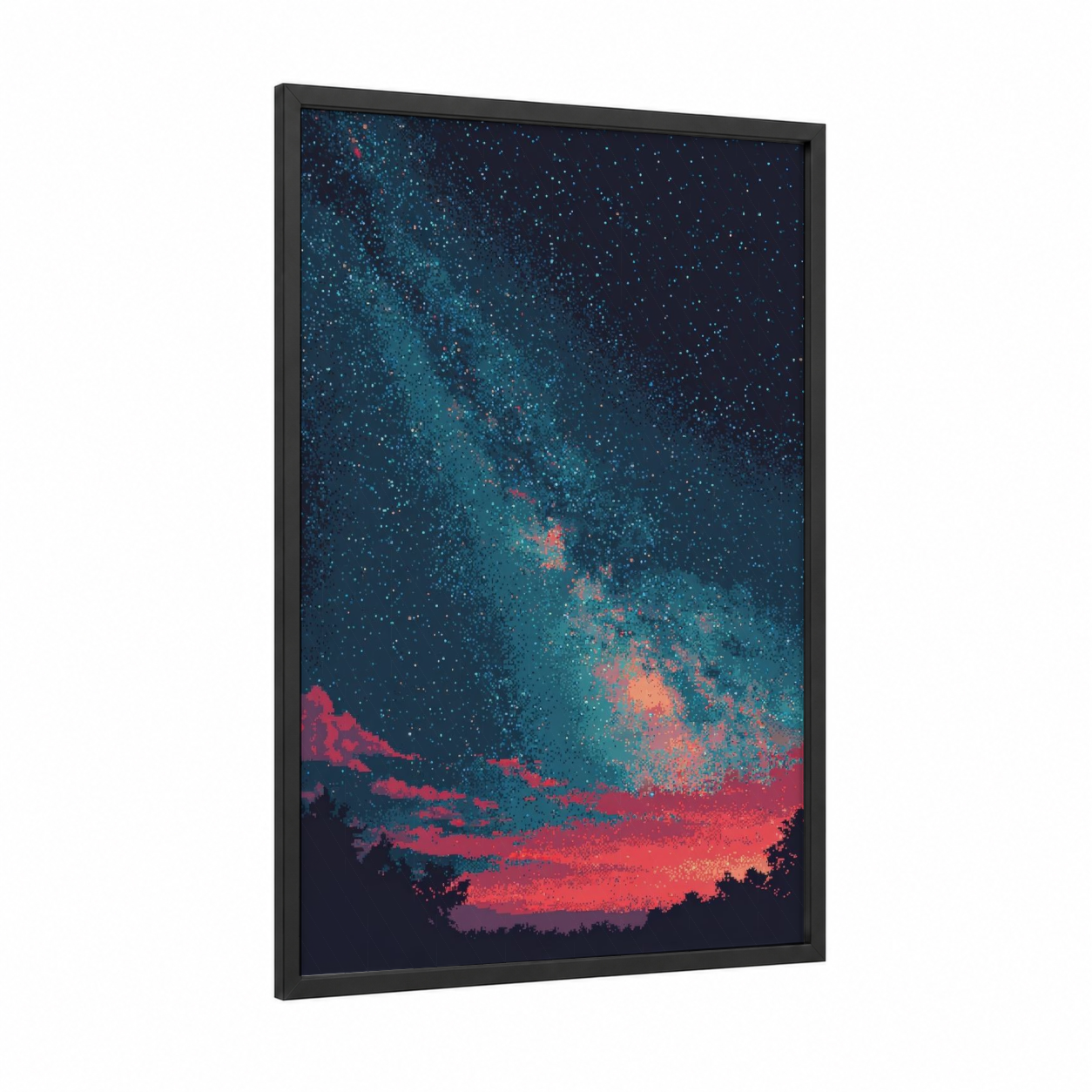 Cosmic Nebula Horizon framed art print — black wood frame — teal and magenta palette