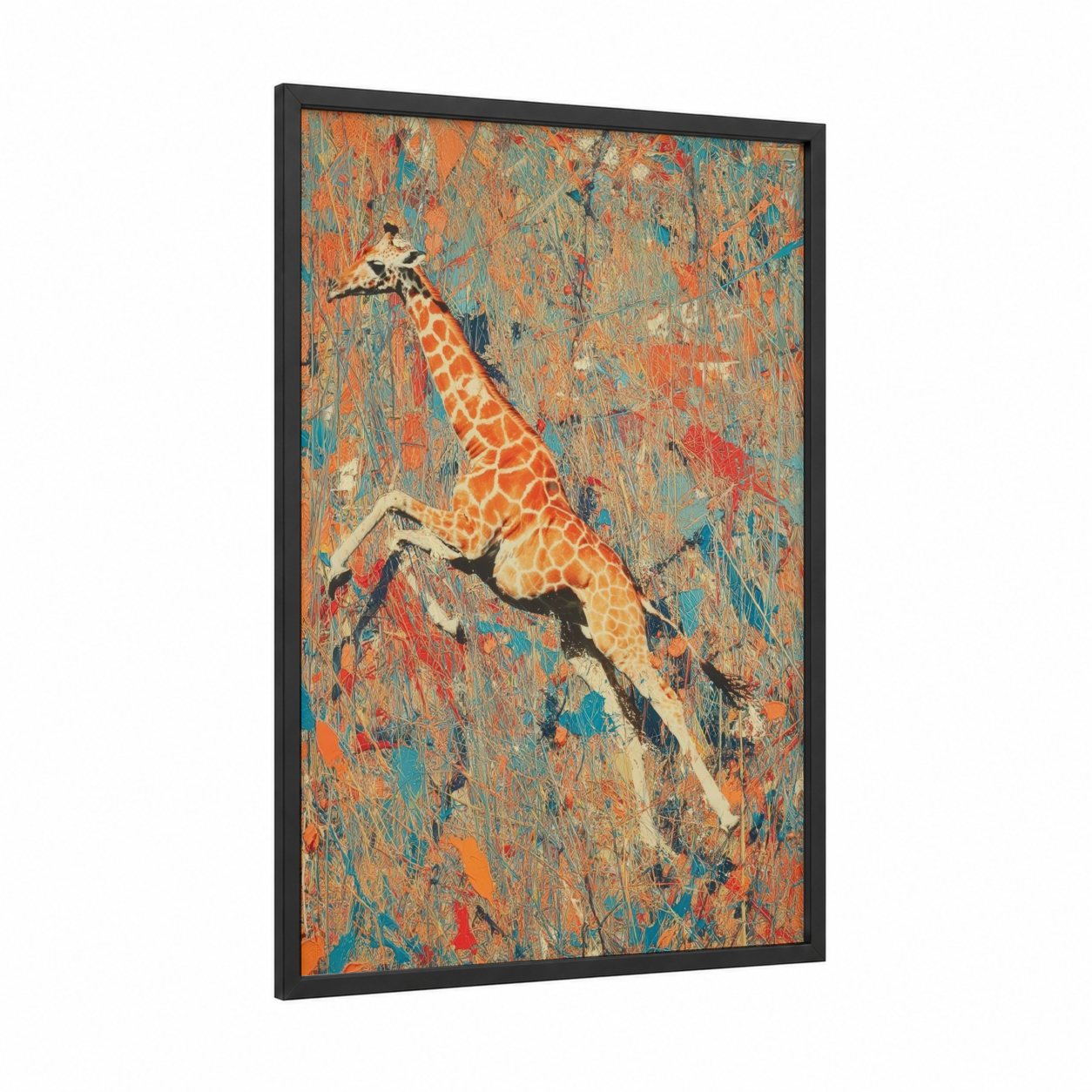 Leaping Giraffe framed art print — black wood frame — orange and teal palette