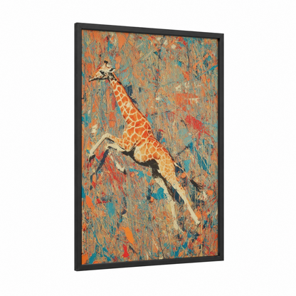 Leaping Giraffe framed art print — black wood frame — orange and teal palette