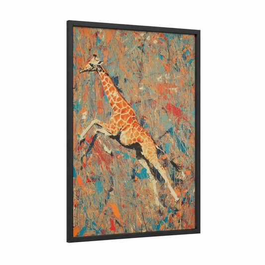 Leaping Giraffe framed art print — black wood frame — orange and teal palette