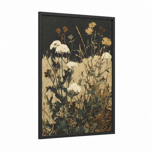 Wildflower Herbs framed art print — black wood frame — cream and espresso palette