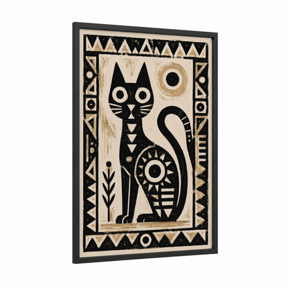 Geometric Black Cat Wall Art framed art print — black wood frame — black and white and beige palette