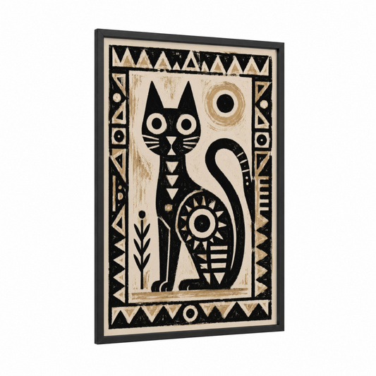 Geometric Black Cat Wall Art framed art print — black wood frame — black and white and beige palette