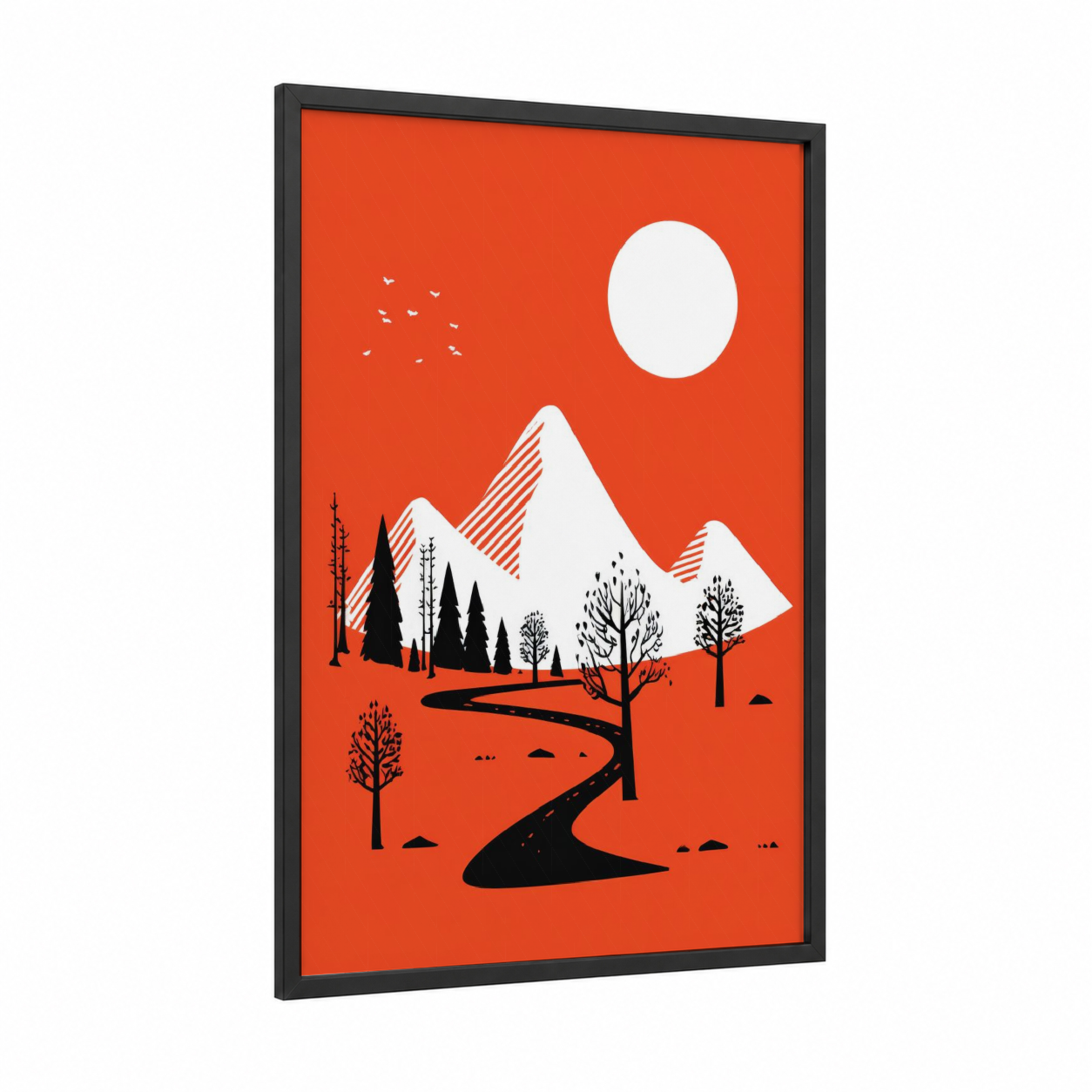 Alpine Mountain Landscape framed art print — black wood frame — orange and white palette