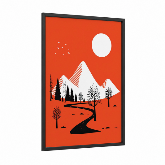 Alpine Mountain Landscape framed art print — black wood frame — orange and white palette