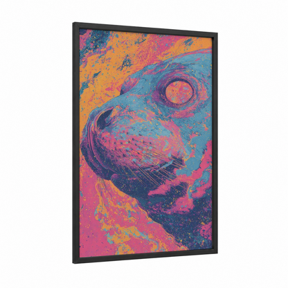 Neon Seal framed art print — black wood frame — magenta and teal palette