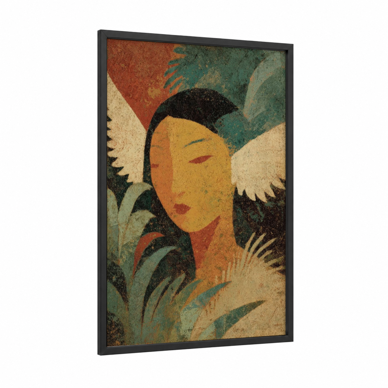 Contemplative Fairy framed art print — black wood frame — gold and dark green palette