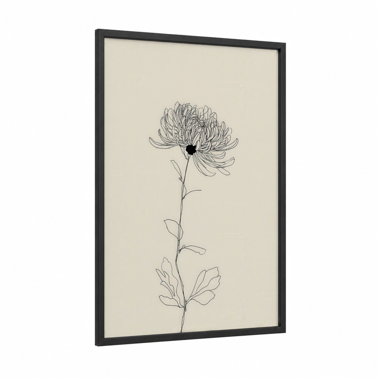 Minimalist Chrysanthemum framed art print — black wood frame — black and white and cream palette