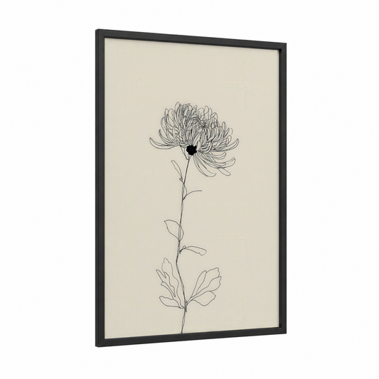 Minimalist Chrysanthemum framed art print — black wood frame — black and white and cream palette