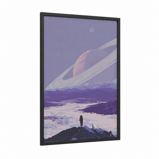 Alien Horizon Explorer framed sci-fi print — black wood frame — purple and lavender palette
