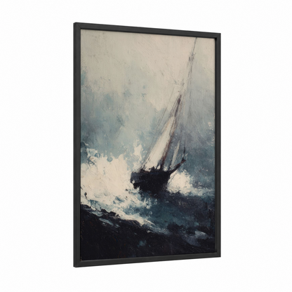 Stormy Sailing Ship framed art print — black wood frame — gray and white and teal palette