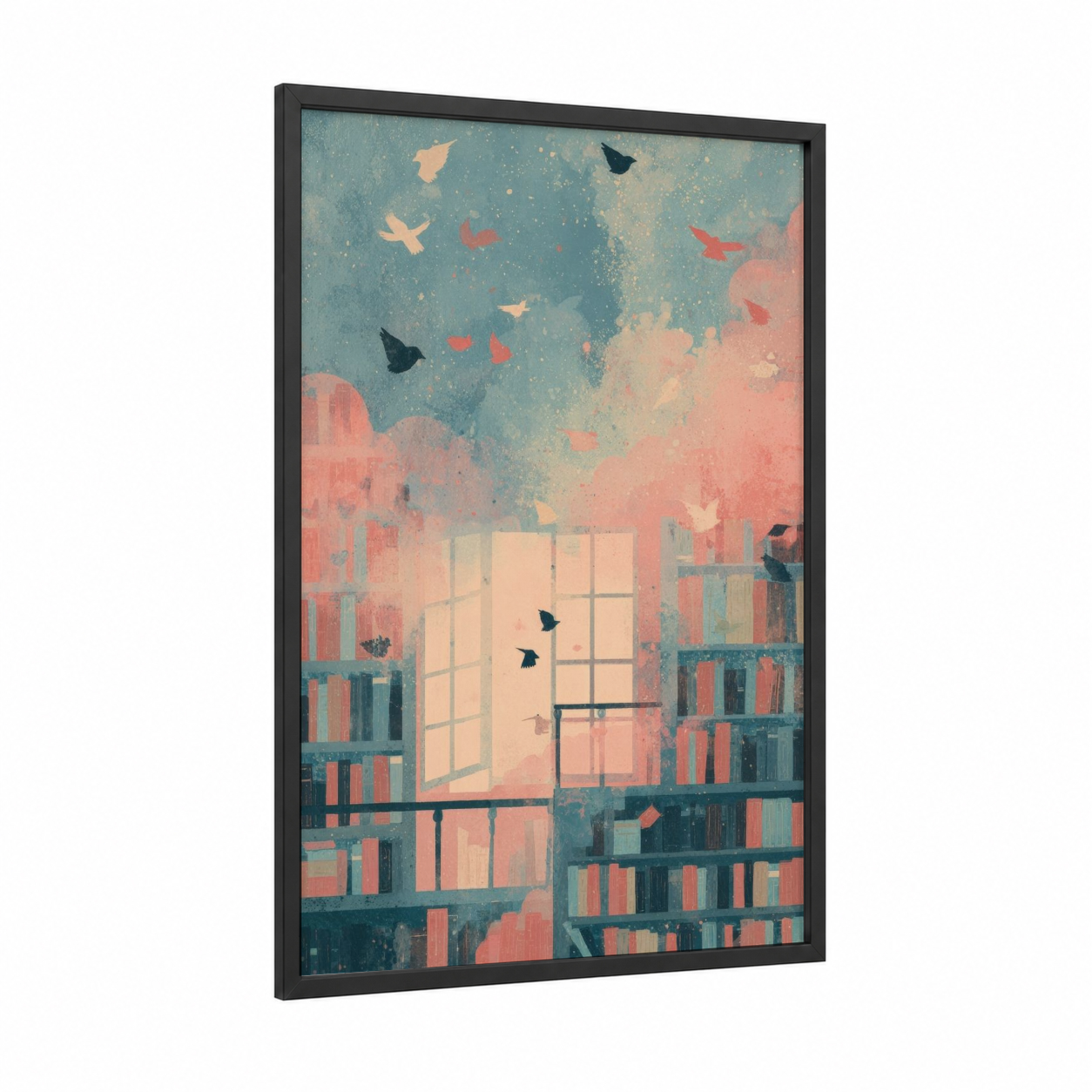 Literary Dreams Window framed library print — black wood frame — blue and pink palette