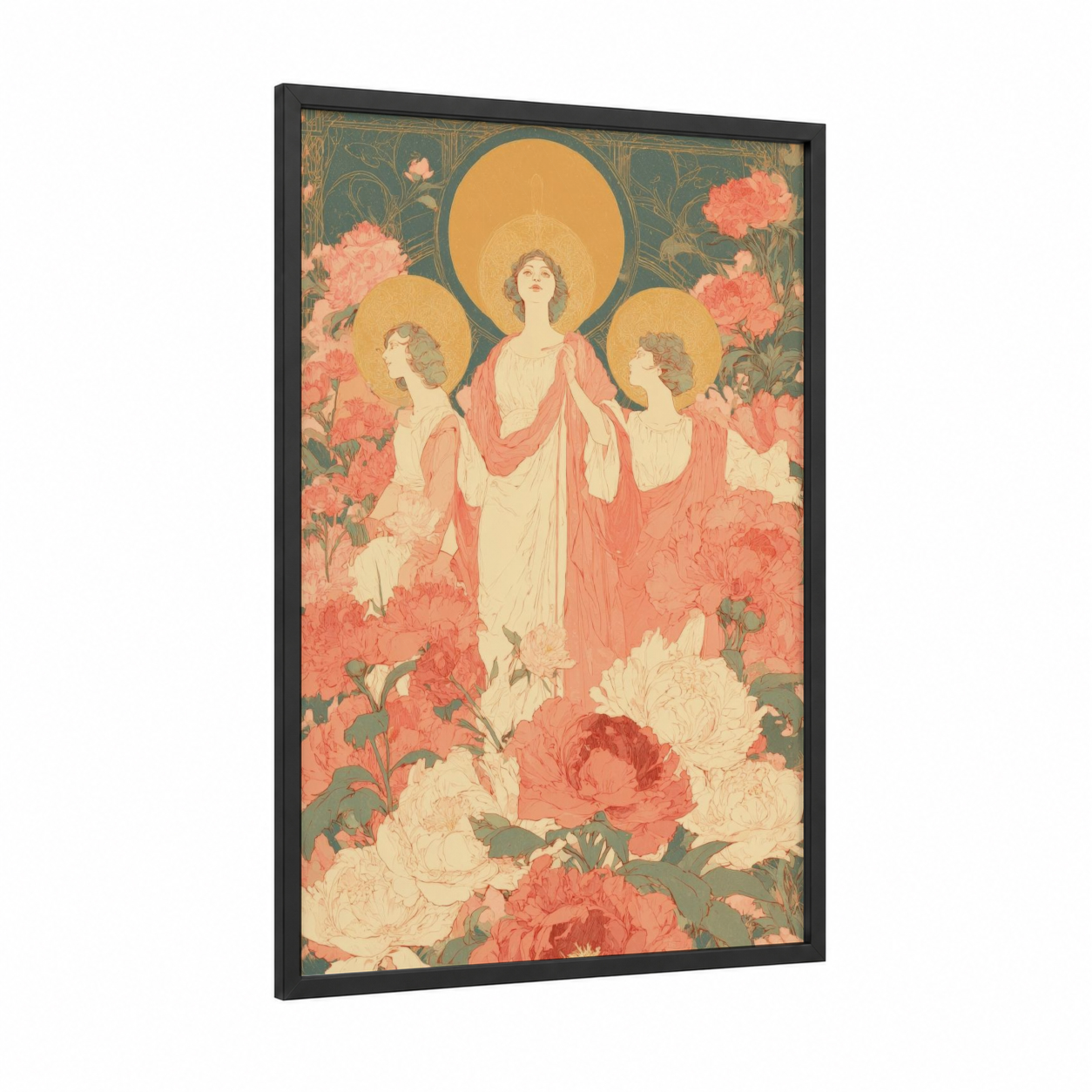 Saintly Carnations framed all saints day print — black wood frame — salmon pink and cream palette