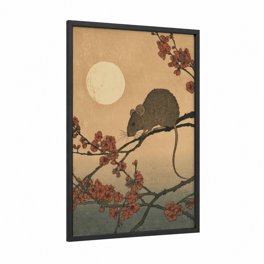Moonlit Mouse framed mice print — black wood frame — cream and russet palette