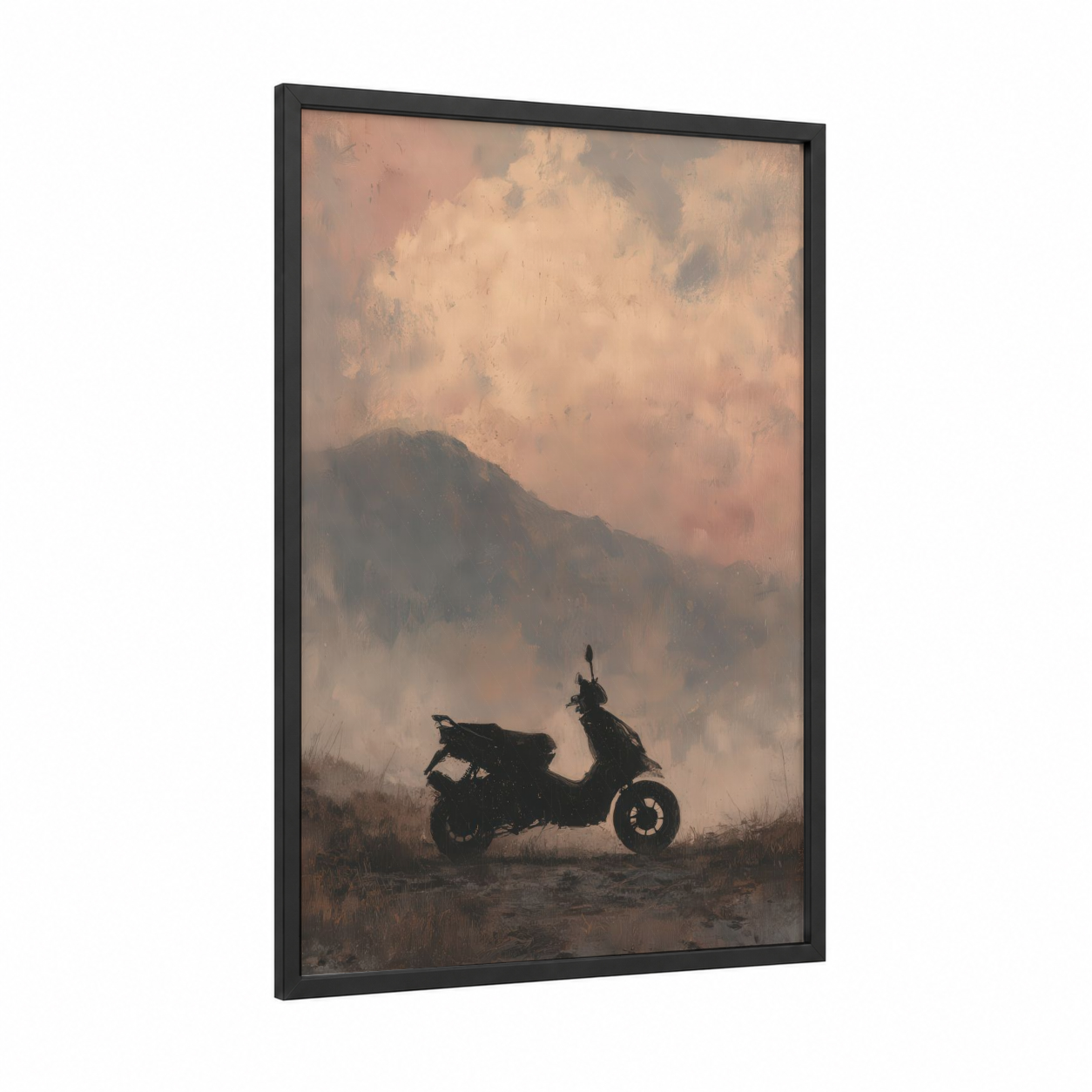 Mountain Scooter framed art print — black wood frame — peach and cream palette