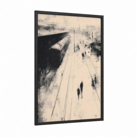 Snowy Rails framed train tracks print — black wood frame — black and white and dove gray palette