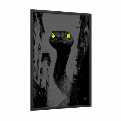 Urban Python framed art print — black wood frame — black and white and yellow gold palette