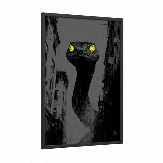 Urban Python framed art print — black wood frame — black and white and yellow gold palette